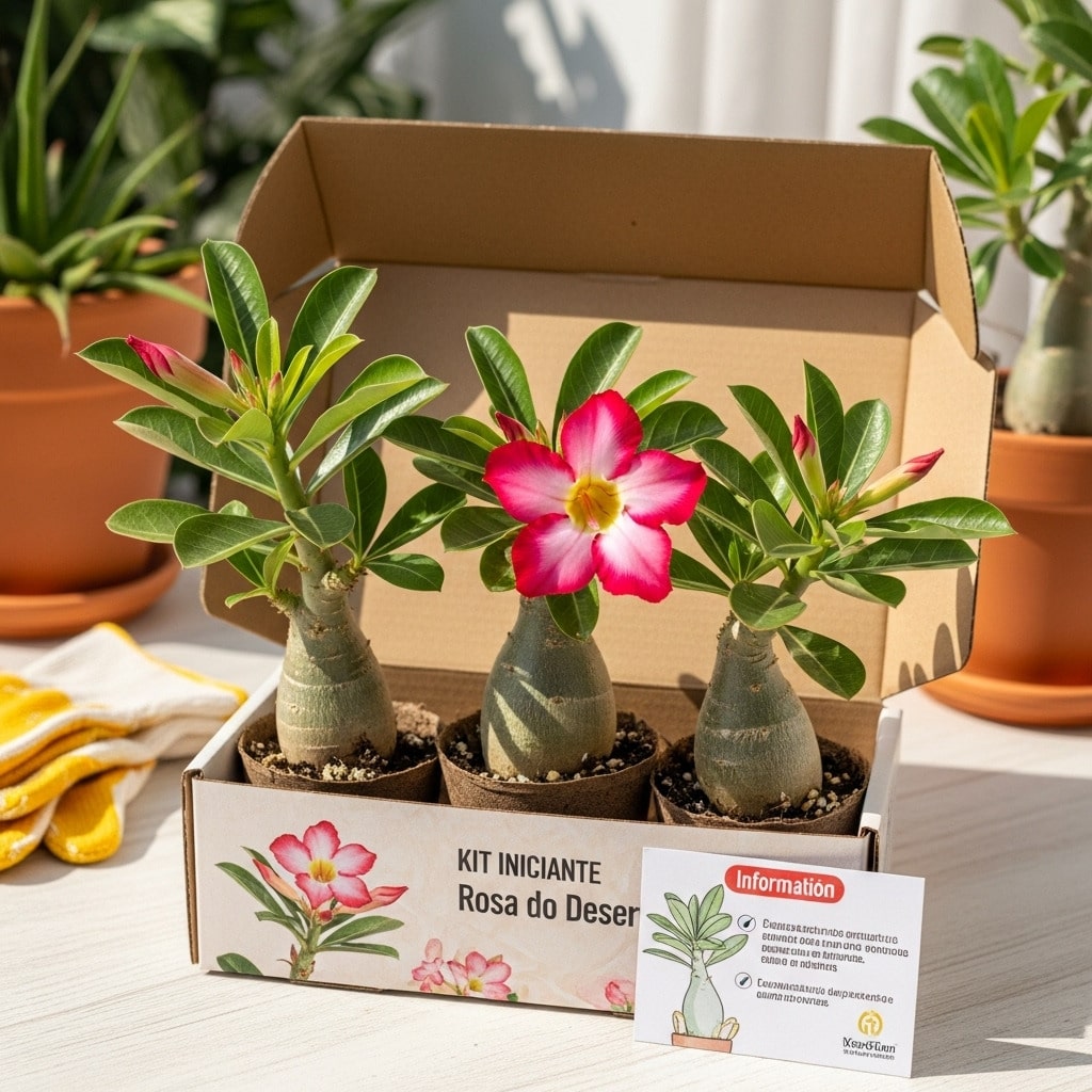 Mudas e sementes de rosa do deserto prontas para cultivo